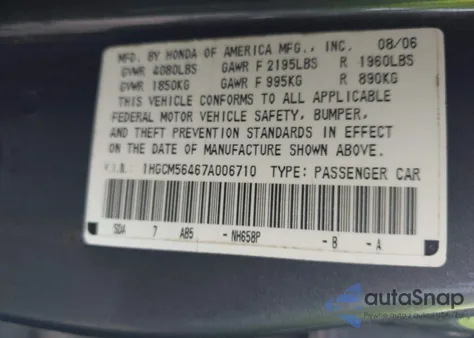 2007 Honda Accord 2.4 Lx z USA, uszkodzony, nr VIN 1HGCM56467A006710